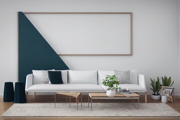 Mock up frame in home interior background, white room with natural wooden furniture, Scandi Boho style, 3d render