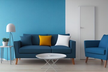 Living room with blue fabric armchair on empty white wall background.3d rendering