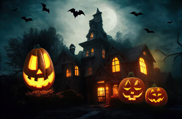 Halloween. An illustration for the holiday depicting a haunted house with pumpkins and bats. Creepy landscape for posters, postcards, banners and wallpapers.