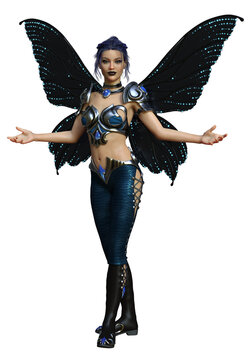 3D rendered fantasy fairy with black wings on transparent background - 3D illustration
