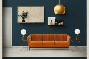 Stylish compositon of retro home interior with mock up poster frame, vintage furnitures, velvet sofa, design lamps, gold shelf, plants and elegant accessories. Nice home decor of living rooms.