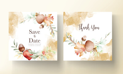 elegant watercolor wedding invitation card with red apple, nut and mushroom