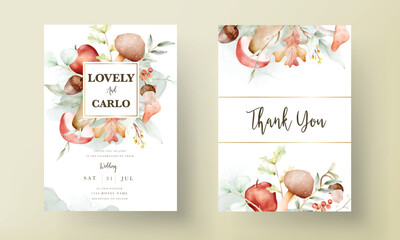 elegant watercolor wedding invitation card with red apple, nut and mushroom