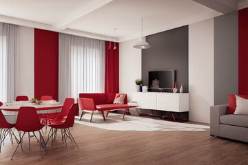 Naklejka na ściany i meble Dining and living room inteiror with counter pantry kitchen and cabinet, grey fabric sofa, red pastel and white chairs, round dining table. 3d rendering studio mock up apartment room.