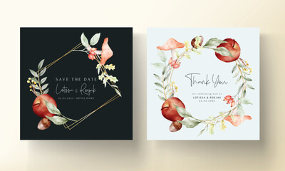 vintage watercolor hand drawn botanical apple and floral invitation card