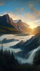 Panorama of foggy mountain with a sunrise beautiful landscape , illustation