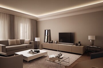 Modern Classic New Traditional Living room Interior Design with Gray Brown Glossy Chrome Furniture TV Area Beige Walls Decorated with Moldings Large Beige Sofa Large Bronze Mirror on Wall. 3d render
