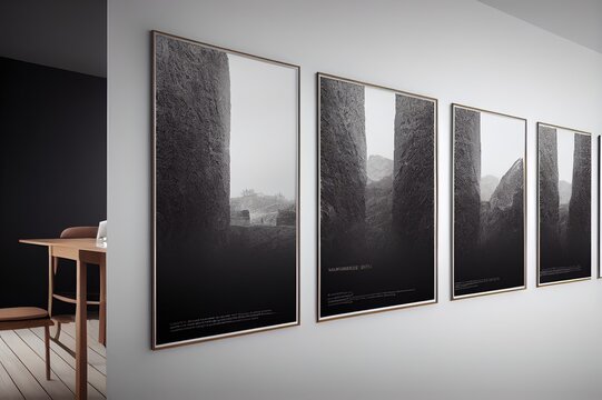 Wall, poster mock up in dining room, minimalist interior, 3d render