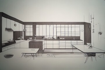 Naklejka premium Interior sketch of modern kitchen with island.