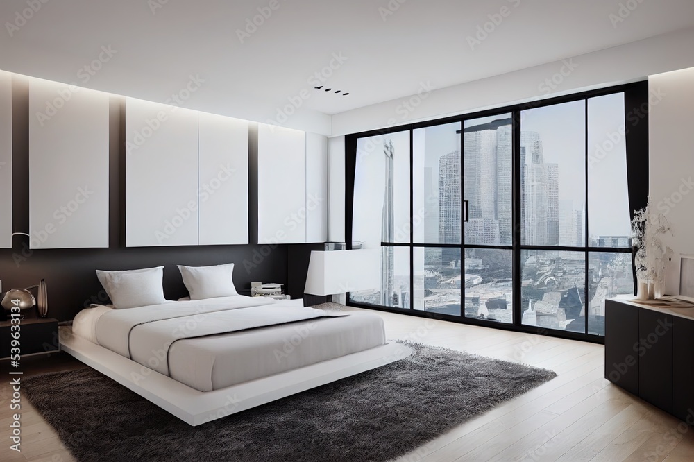 Poster Stylish modern bedroom with a minimalistic design in a luxurious rich, expensive interior of an open plan apartment in light colors.