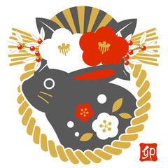 しめ飾りと黒兎の三色卯年年賀状アイコン