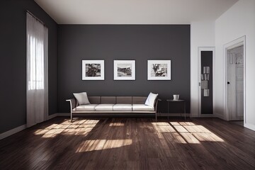 Fototapeta premium Vintage Modern interior of living room, empty room, dark gray wall and wood flooring ,3d rendering