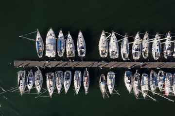 Aerial view of boats moored in the tourist port of Viareggio Italy