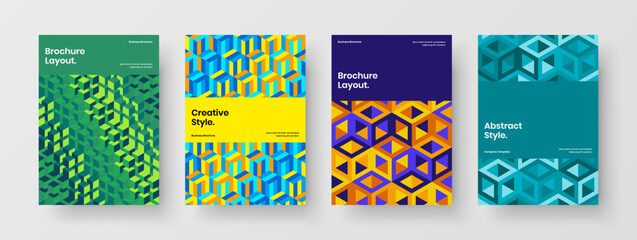 Trendy geometric pattern handbill layout bundle. Minimalistic front page design vector concept composition.