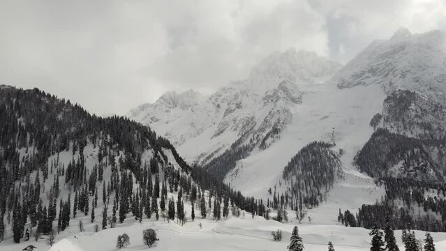 Aerial view of Sonmarg hills covered with snow and forests in Kashmir, the Himalayas