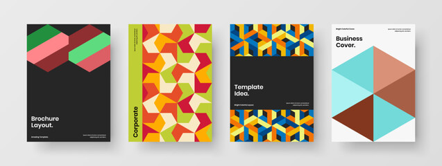 Isolated company brochure A4 vector design layout collection. Multicolored mosaic tiles pamphlet concept composition.