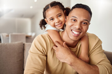 Obraz premium Love, family and girl relax with father on a sofa, playing, bonding and having fun in a living room. Black family, portrait and child enjoy quality time with parent, smiling, hugging and happy