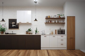 Corner of stylish kitchen with white and brick walls, wooden floor, beige countertops with built in sink and cooker, white cupboard and picture with New York cityscape. 3d rendering