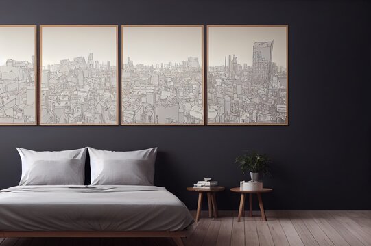 Mockup canvas three posters above bed with grey linens and pillows, brown carpet, side view. White and beige bedroom with city view, 3D rendering no people
