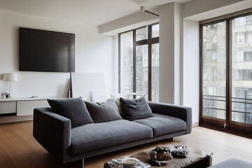 Interior of living room with comfortable sofa and TV against windows in contemporary apartment