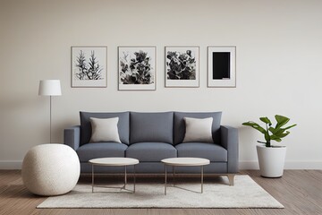 Empty three poster frames on beige wall in living room interior with modern furniture and plant, gray sofa and cozy pillows, 3d render