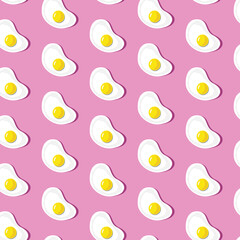 Seamless pattern scrambled eggs on a pink background. Appetizing vector illustration of repeating scrambled eggs. Simple illustrations of scrambled eggs for packaging design, postcards.