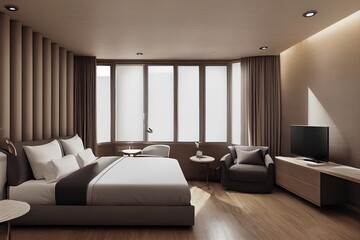 3d rendering,3d illustration, Interior Scene and Mockup,A hotel style bedroom with a sitting corner beside the bed, a modern luxury room in brown and gray tones.