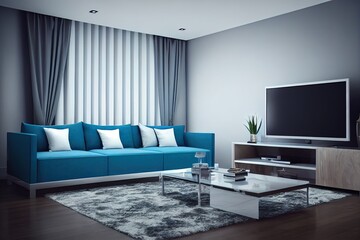 Cabinet TV in modern living room,Interior of a bright living room with armchair on empty dark wall background.3D rendering