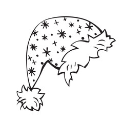 Vector black outline Santa Claus hat or sleeping cap in doodle style isolated on white background. Hand drawn Element of costume, clothes for winter, Christmas and New Year design