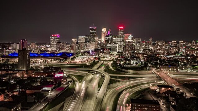 Minneapolis Skyline Hyperlapse at Night From a Drone