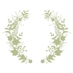 Floral round wreath, herb crown. With twigs, sprigs, branches, berries and blades of grass. Boho style with