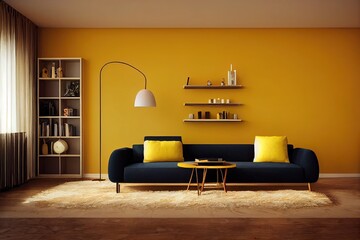 Yellow room interior concept, decorative fireplace wood and candle, bookshelf and home object with lamp, coffee table interior style.