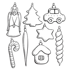 Set of vector contoured glass toys, decorations for xmas tree, doodle style. Clipart for Merry Christmas and New Year