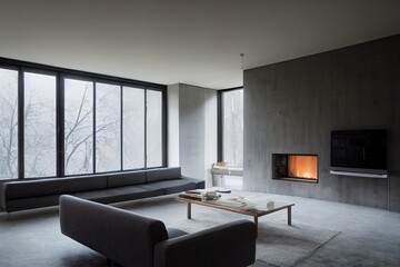 Naklejka na ściany i meble Tv living room with window, fireplace and concrete wall effect