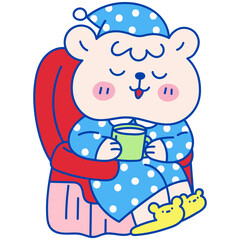 Cute bear relaxing with hot drink hand drawn illustration in cartoon design