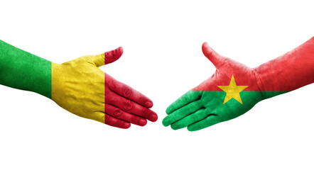 Handshake between Mali and Burkina Faso flags painted on hands, isolated transparent image.