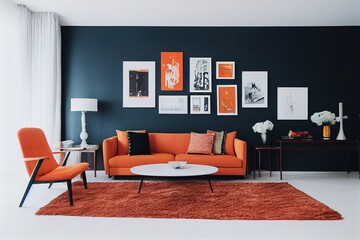 Modern interior design of a living room indoors apartment, home, office, bright orange sofa, fresh flowers and modern interior details on a white wall background.