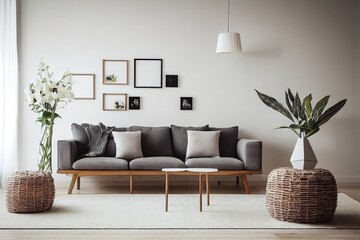 Scandinavian and design home interior of living room with design rattan pouf, wooden cube, vase with flowers and elegant accessories. Stylish home decor. Template. Mock up frame. Copy space.