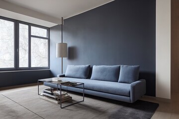 Grey room with blue couch, bench and side table