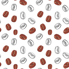 Black and white seamless pattern with coffee beans. Contour drawing of baking on a white background. Template for cafe, menu, paper.