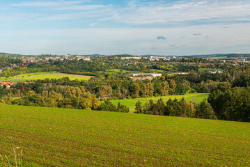 Fototapeta na wymiar Plauen city from meadow above Kurbitz village in Germany
