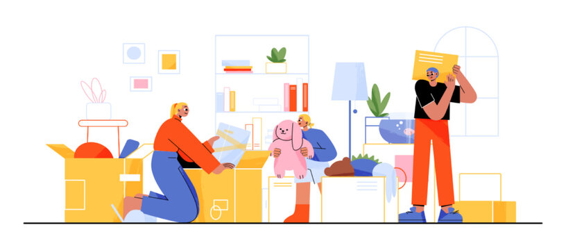 Happy family moving into new house, people relocation. Mother, father and child characters unpack and carry boxes with things at home room. People buying apartments, Linear flat vector illustration