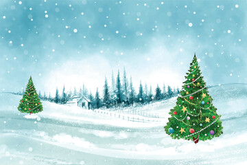 Fototapeta premium Impressive christmas trees in winter landscape with snow card background