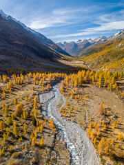 Aerial view of the Fafler in Lötschental valley in autumn season with the winding Lonza river and...