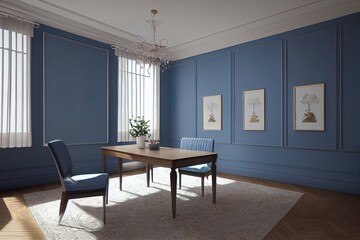 Fototapeta premium Mockup room in classic dining room, luxury dining table set, blue carpet, classic wall lamp, and blue molding wall .3d rendering. 3d illustration.