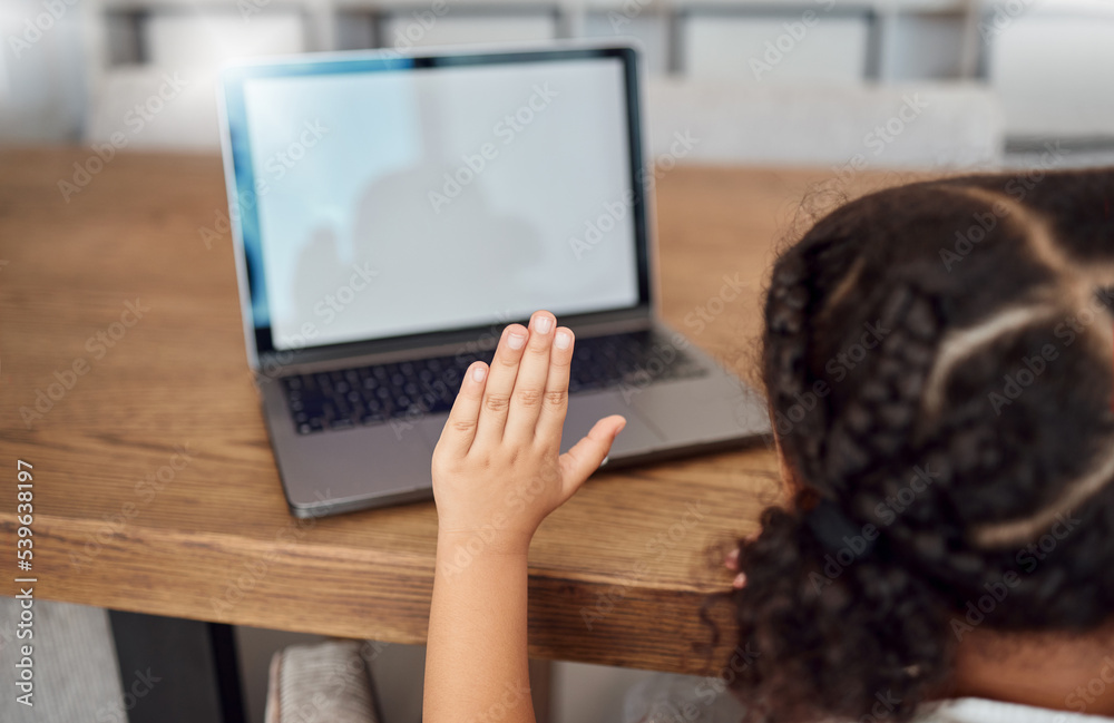 Poster hand, laptop and education with a student girl asking a question during an online class for learning