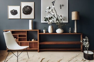 Wabi sabi interior of living room with wooden console, paper flowers in vase, nuts and copy space. Minimalistic concept.