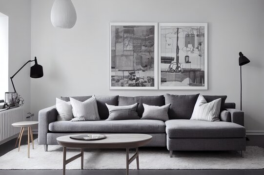 Scandi living room interior with grey, big sofa in the center and modern picture on the wall