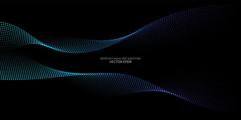Flowing particles wave pattern, blue and green color isolated on black background with space for text banner. Vector in concept of technology, science, music.