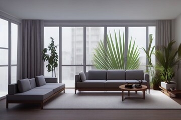 modern living room interior with gray sofa, wooden furniture and palm tropical leaves, 3d rendering